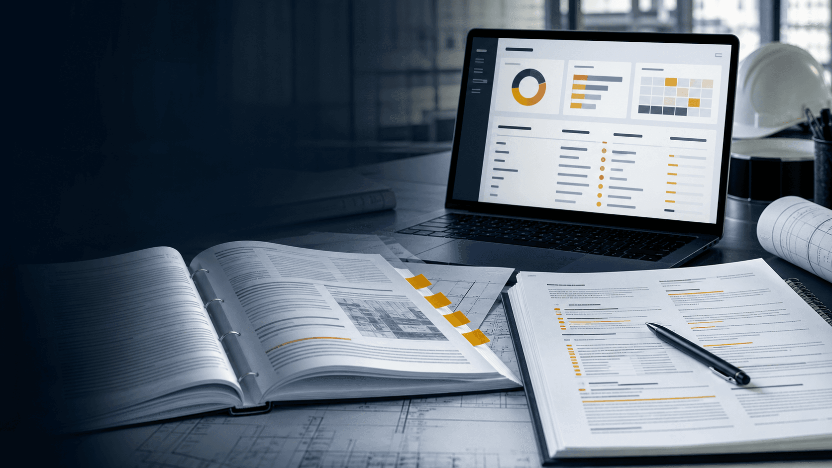 Construction specification book and document review report on an estimator desk